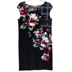 Chico's 1 Floral Bouquet Black Jersey Dress Plaid Accent Cap Sleeve Cottage Sz M